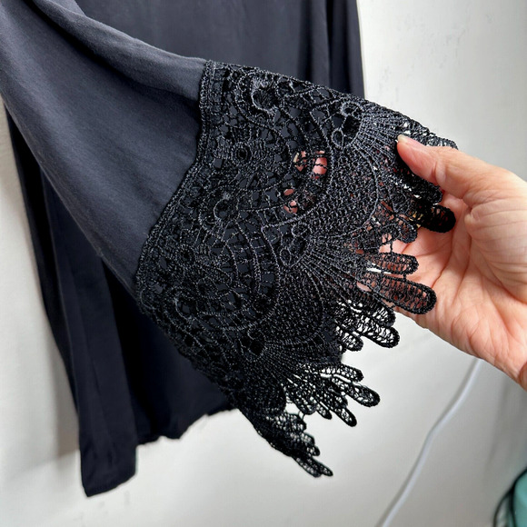 Reverse Black thin Lace Trim Sleeves Front Snap Coverup Top Small - Picture 8 of 13